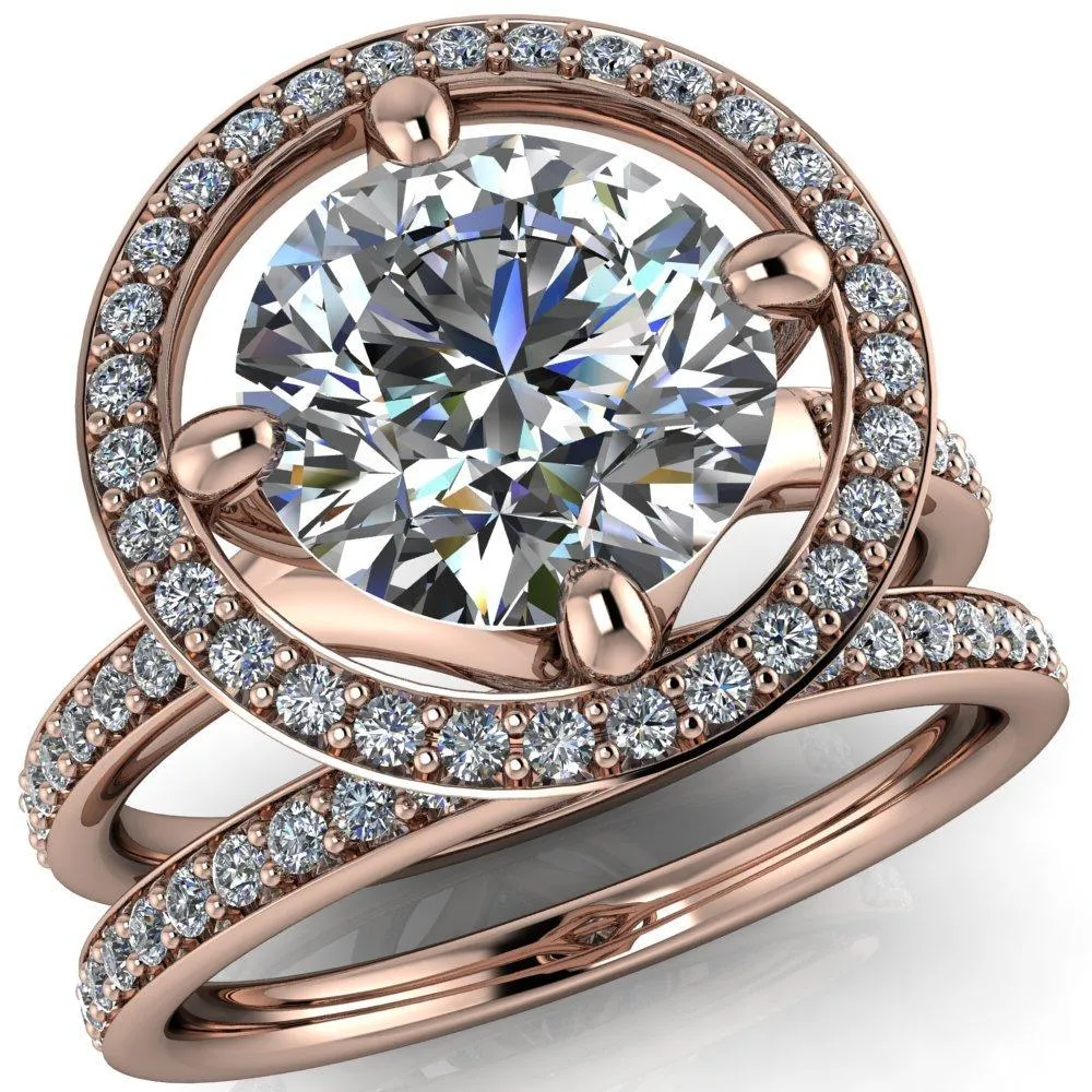 Melanie Round Center Stone Diamond Halo and Shoulders Ring