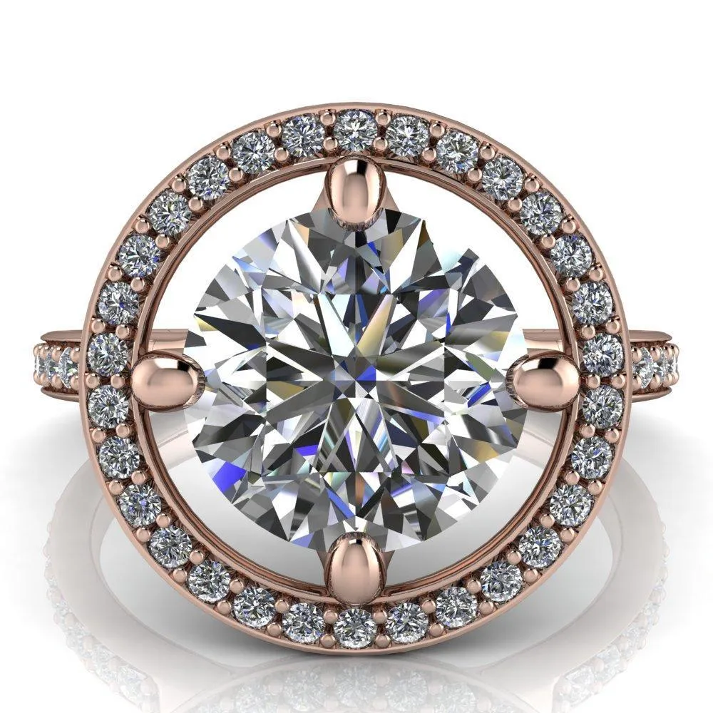 Melanie Round Center Stone Diamond Halo and Shoulders Ring