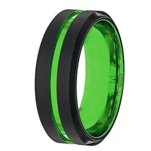 Mens Black and Acid Green Tungsten Carbide Wedding Band Beveled Edges 6mm & 8mm