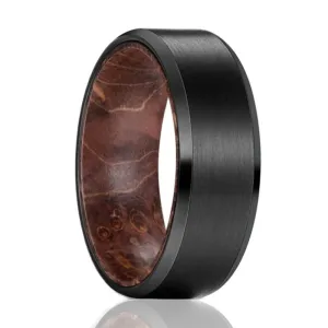 Men's Black Tungsten Carbide Band with Dark Box Elder Wood Sleeve - 8mm