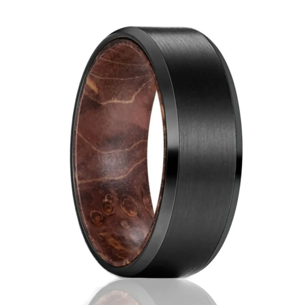 Men's Black Tungsten Carbide Band with Dark Box Elder Wood Sleeve - 8mm