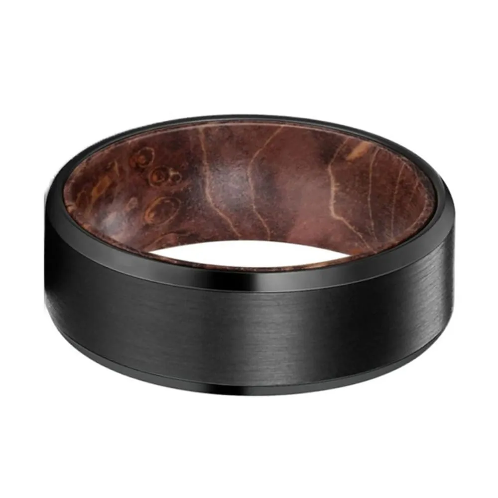 Men's Black Tungsten Carbide Band with Dark Box Elder Wood Sleeve - 8mm