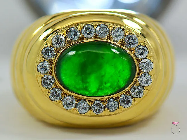 Men's Natural Green Jadeite Jade Diamond Ring, 18K Yellow Gold. GIA