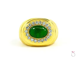Men's Natural Green Jadeite Jade Diamond Ring, 18K Yellow Gold. GIA