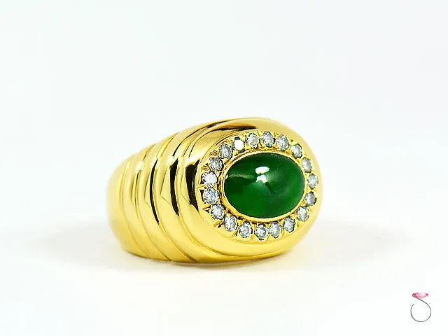Men's Natural Green Jadeite Jade Diamond Ring, 18K Yellow Gold. GIA