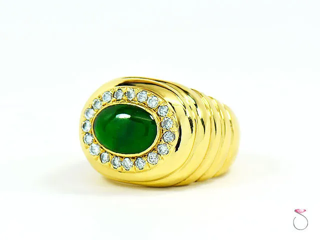 Men's Natural Green Jadeite Jade Diamond Ring, 18K Yellow Gold. GIA