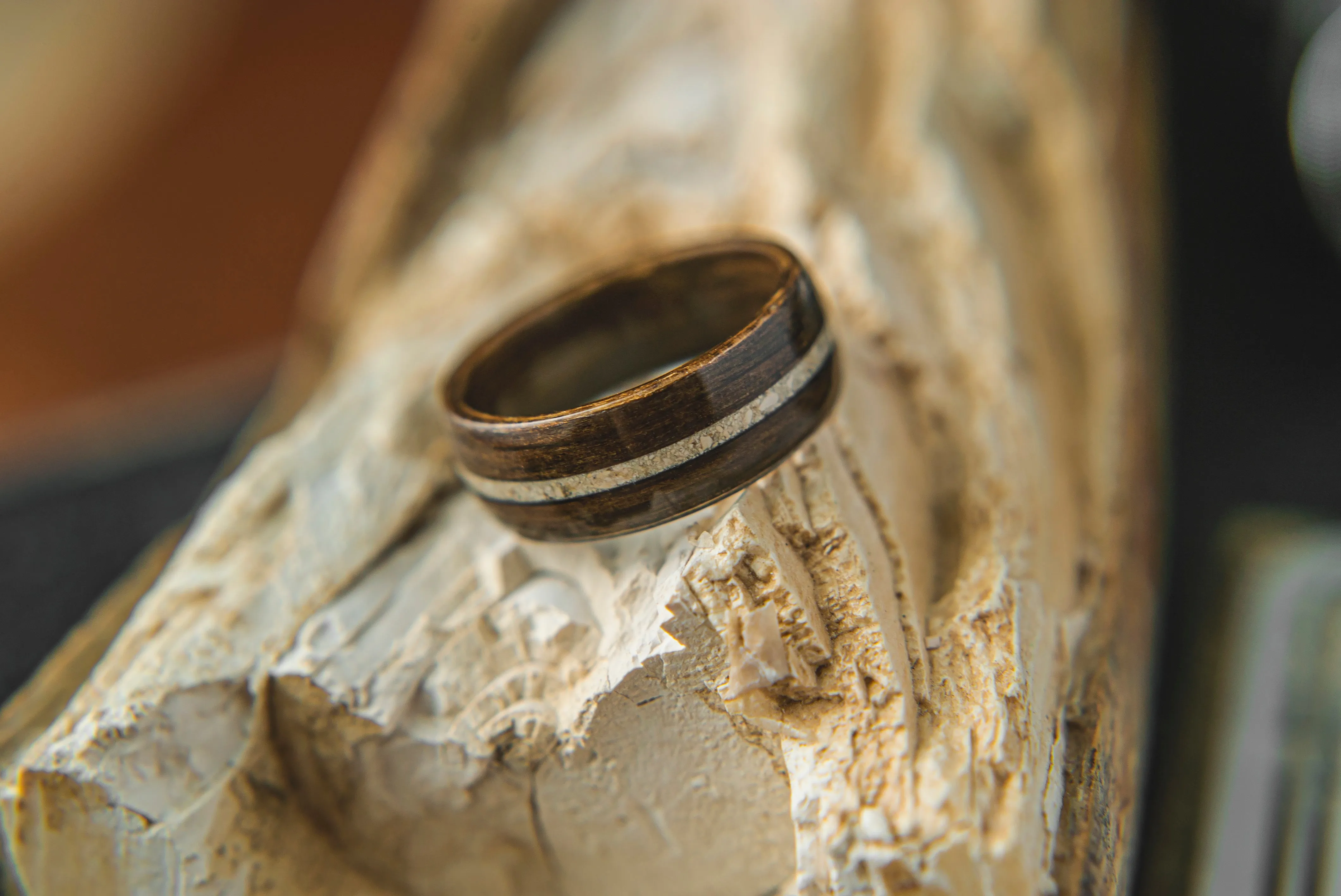 Mens Wedding band featuring Ancient Bog Oak with Woolly Mammoth Tusk inlay.