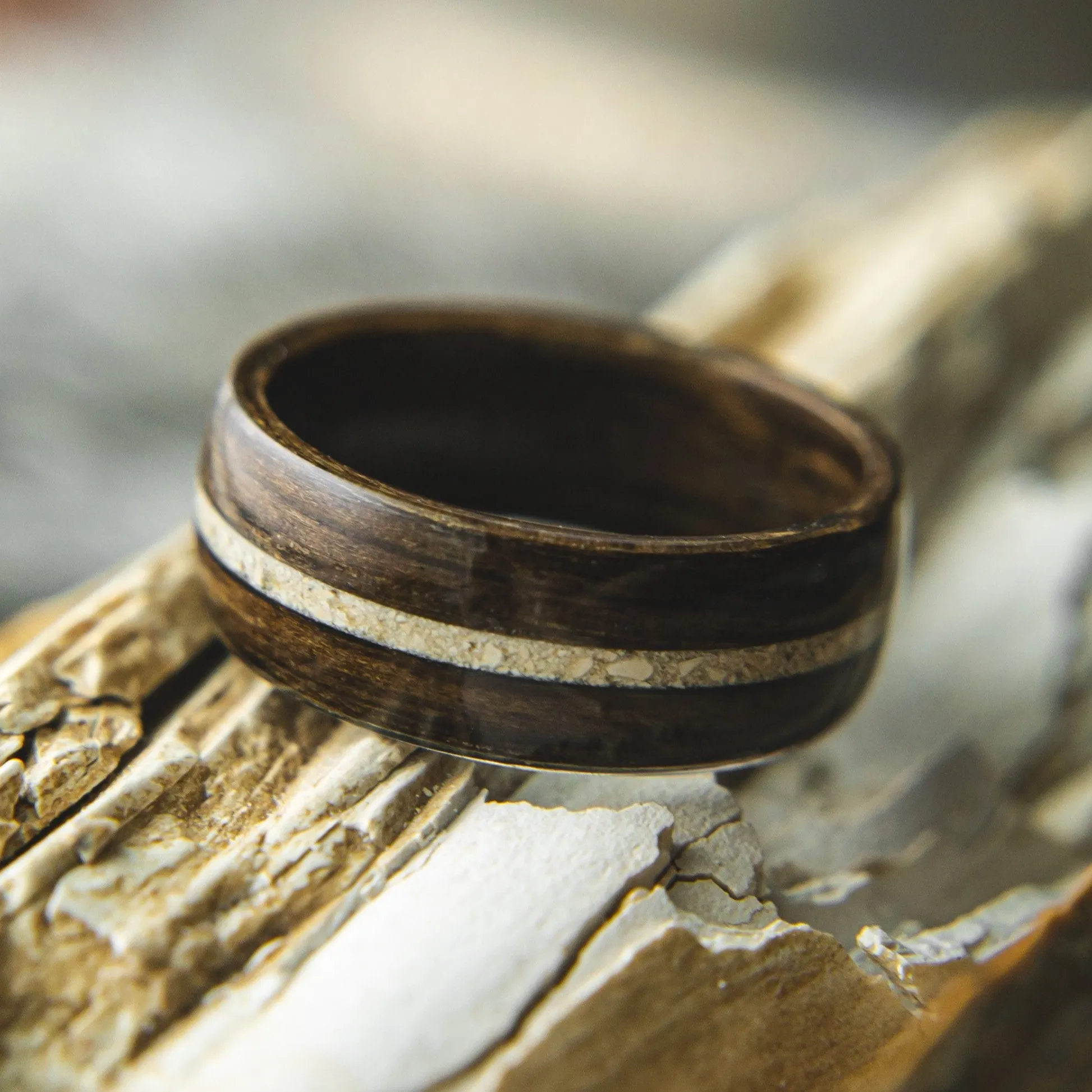 Mens Wedding band featuring Ancient Bog Oak with Woolly Mammoth Tusk inlay.