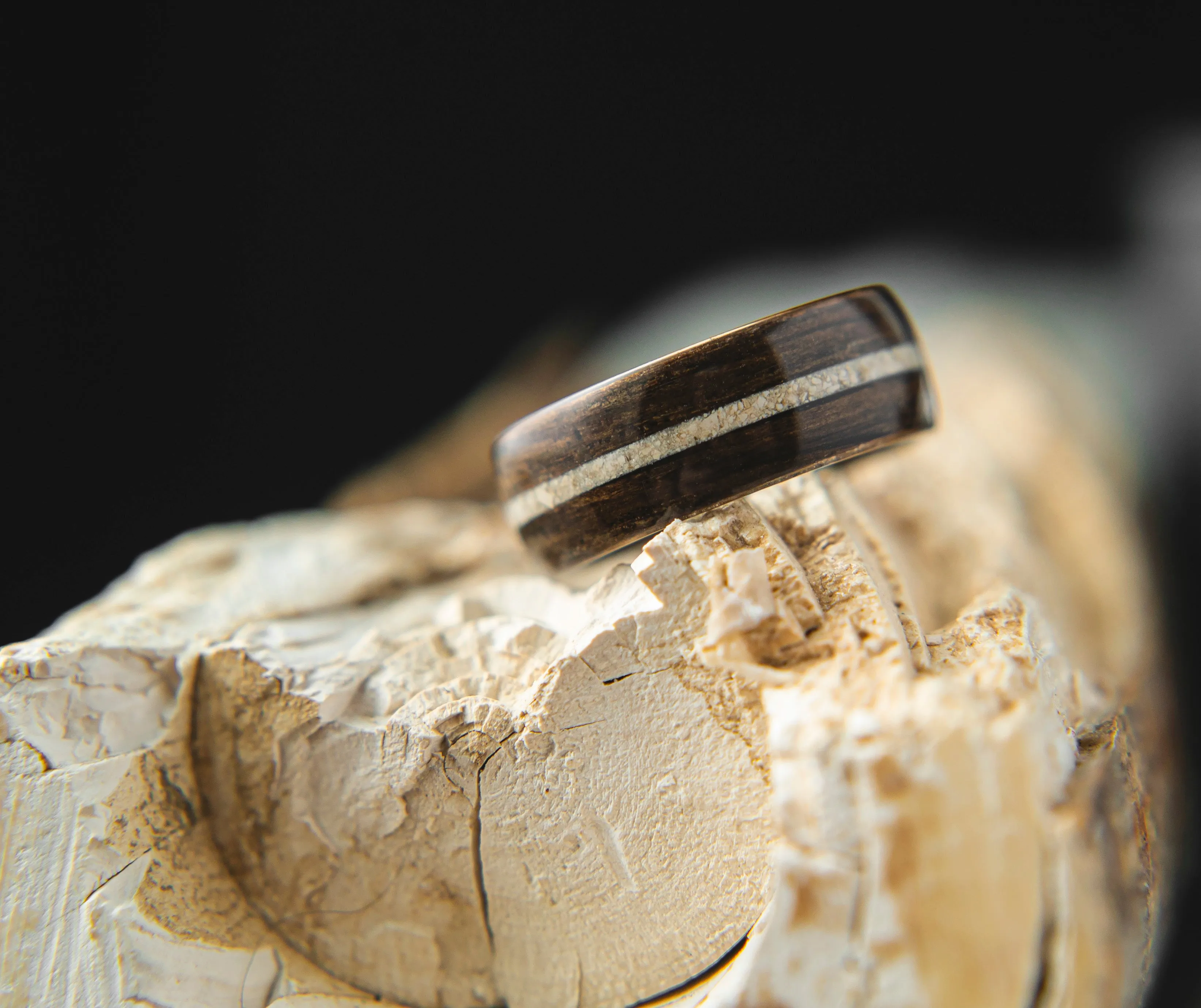 Mens Wedding band featuring Ancient Bog Oak with Woolly Mammoth Tusk inlay.
