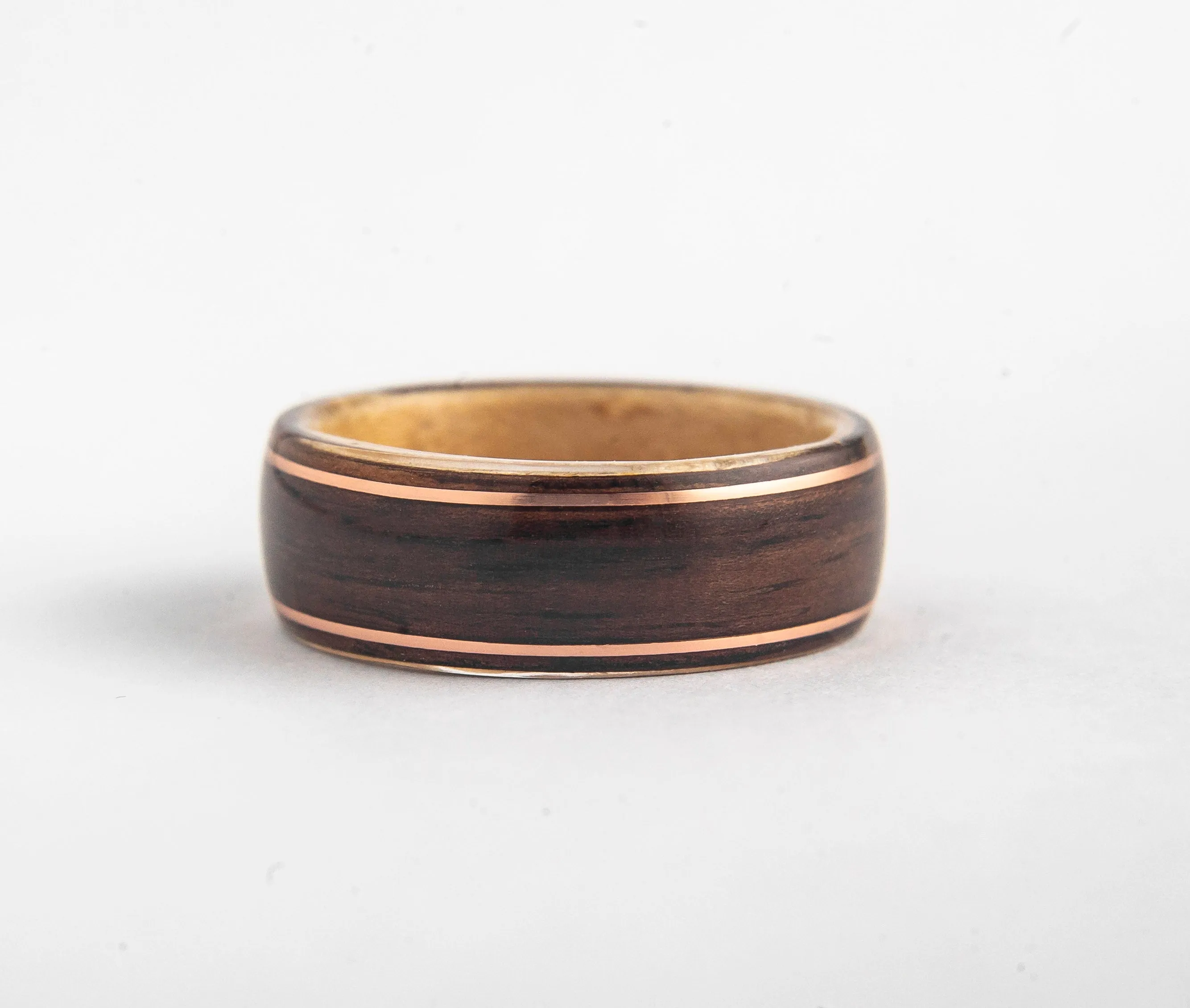 Mens Wedding band featuring Birds Eye Maple, Rosewood with Dual Copper Inlays