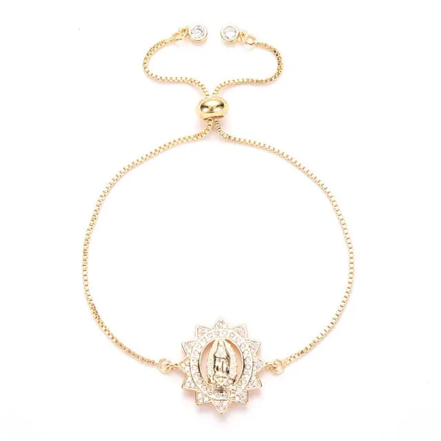 Micro Pave Cubic Zirconia Virgin Maria Mother Gold Chain Adjustable Bracelet Pulsera MBR180155