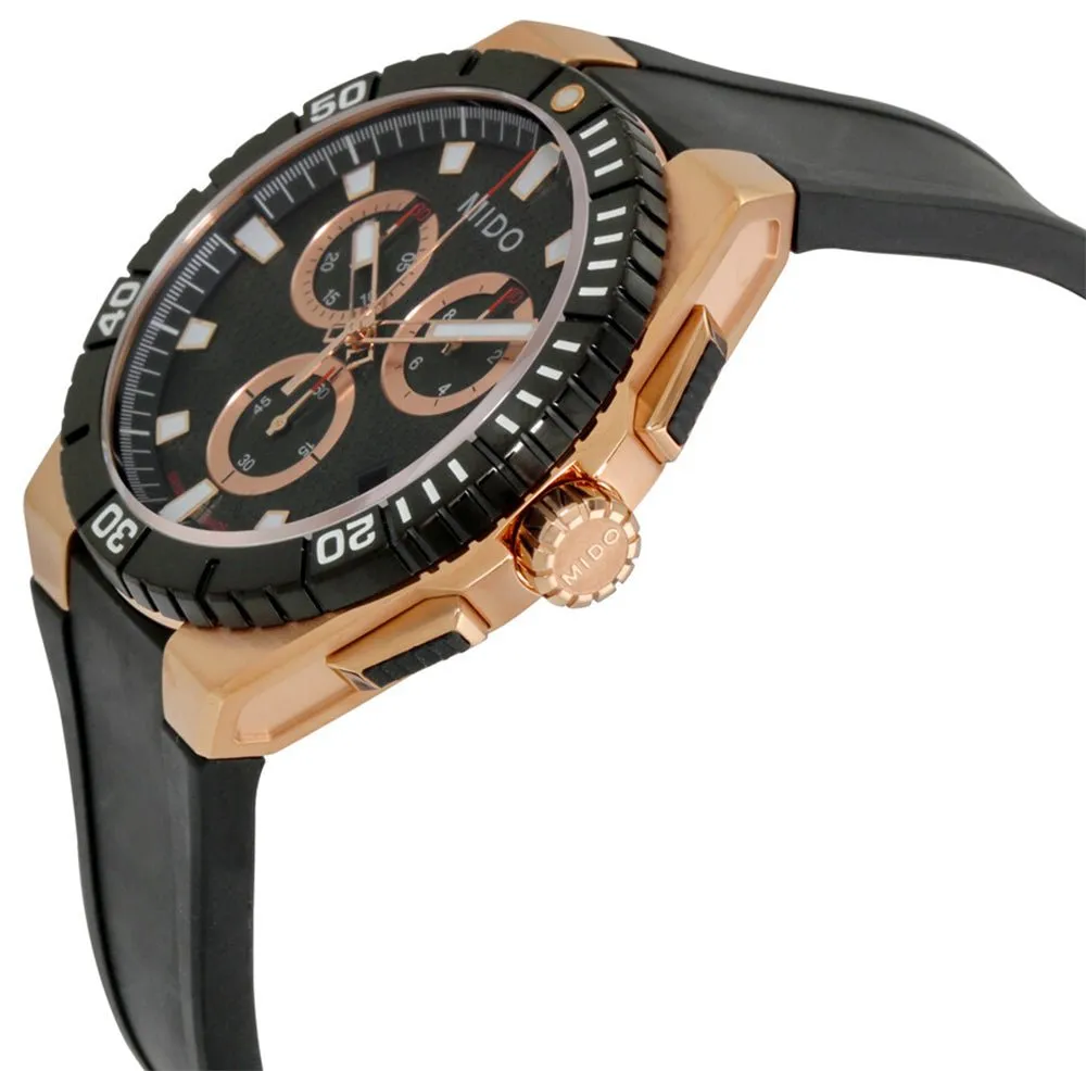 Mido Ocean Star Captain Chronograph Rose Gold PVD Black Dial Black Rubber Strap Date Divers Quartz Mens Watch M023.417.37.051.00