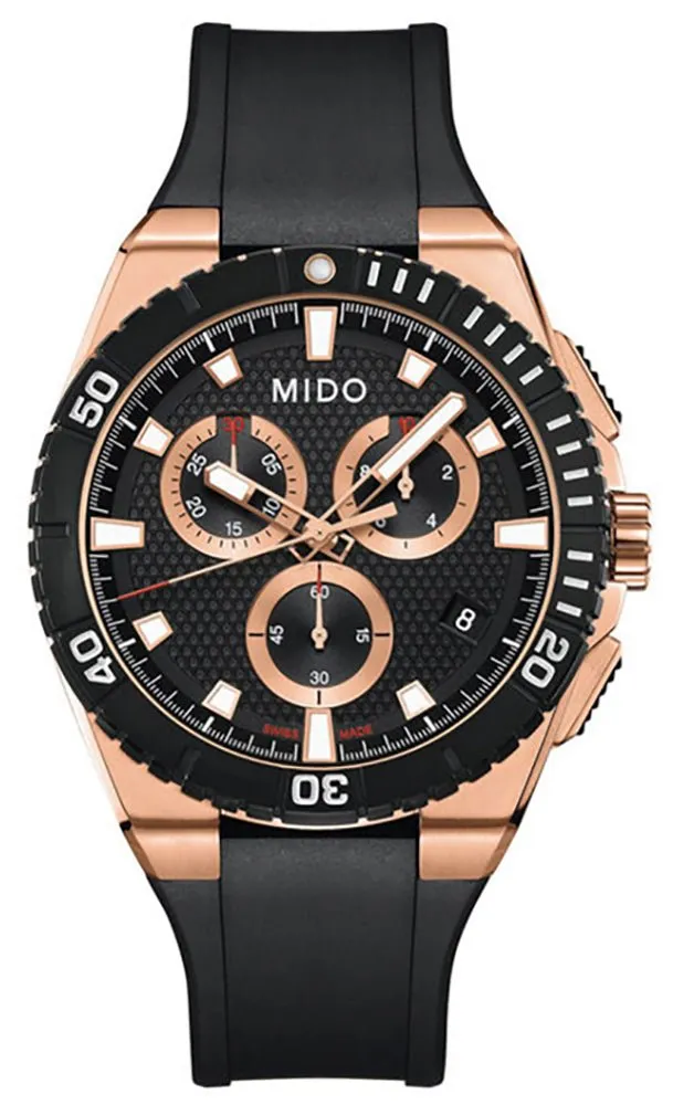 Mido Ocean Star Captain Chronograph Rose Gold PVD Black Dial Black Rubber Strap Date Divers Quartz Mens Watch M023.417.37.051.00