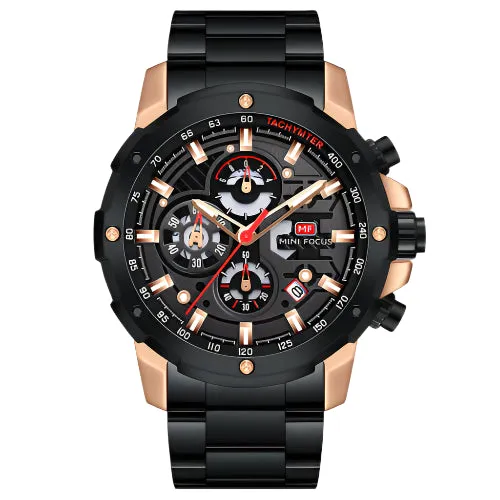 Mini Focus Black Stainless Steel Black Dial Chronograph Quartz Watch for Gents - MF0401G-02