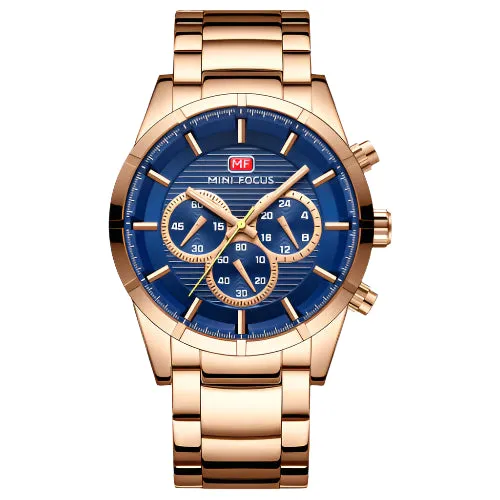 Mini Focus Rose Gold Stainless Steel Blue Dial Chronograph Quartz Watch for Gents - MF0170G-01