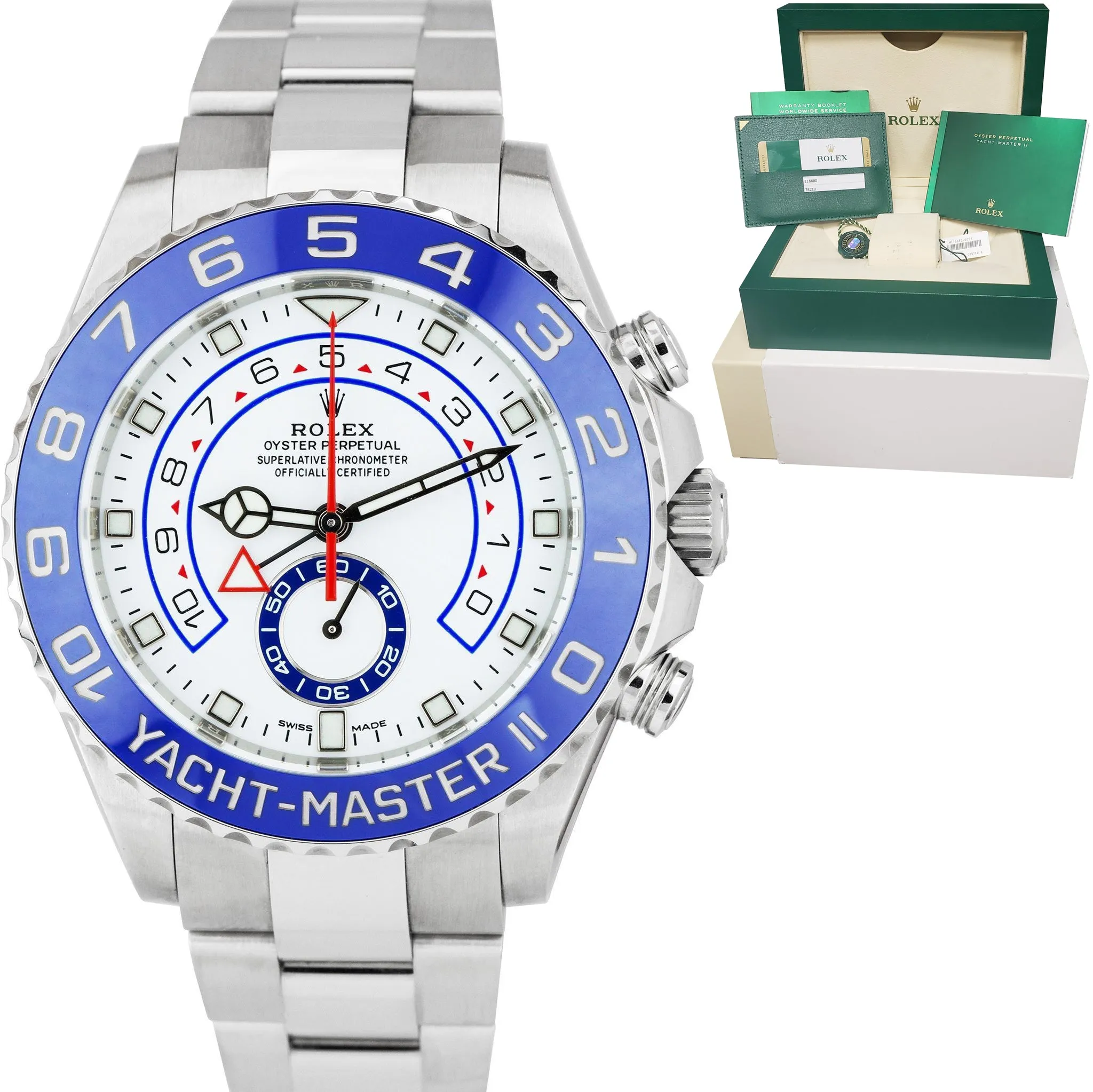 MINT Rolex Yacht-Master II 44mm NEWEST HANDS Stainless White Blue 116680 Watch