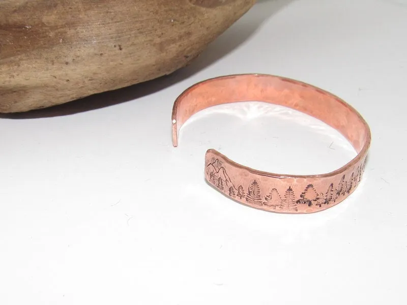 Mountain bracelet with trees, adjustable copper cuff, stamped jewelry, stamped copper bracelet,