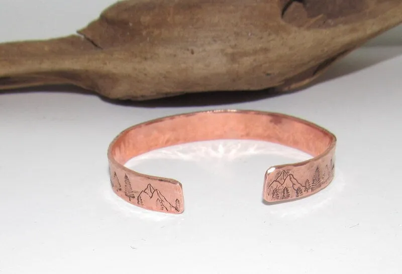 Mountain bracelet with trees, adjustable copper cuff, stamped jewelry, stamped copper bracelet,