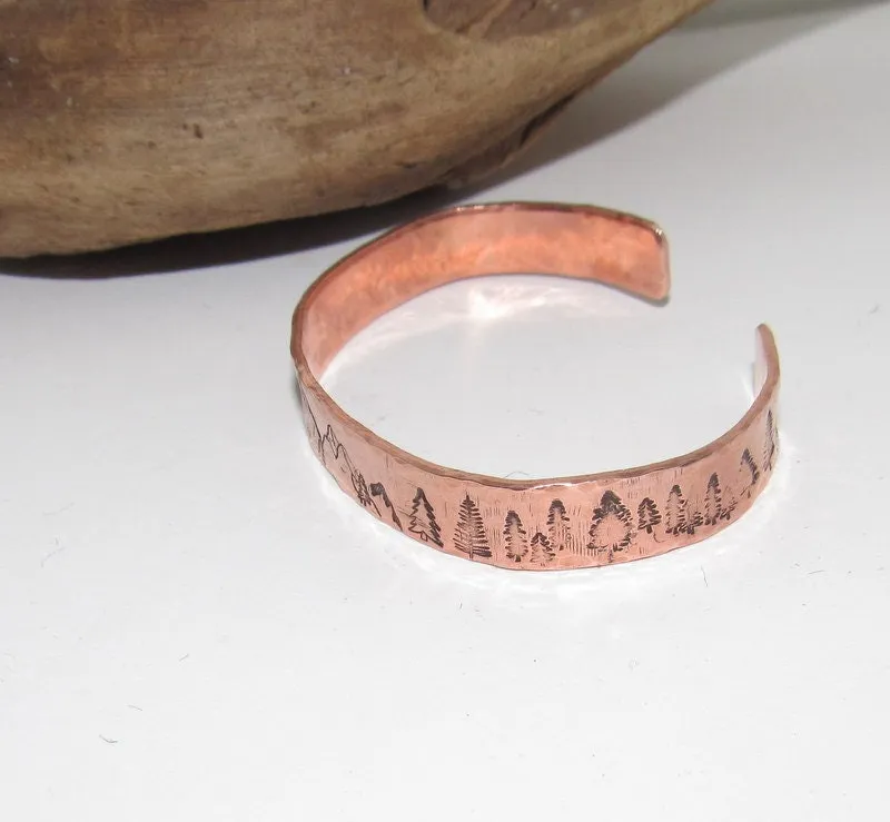 Mountain bracelet with trees, adjustable copper cuff, stamped jewelry, stamped copper bracelet,