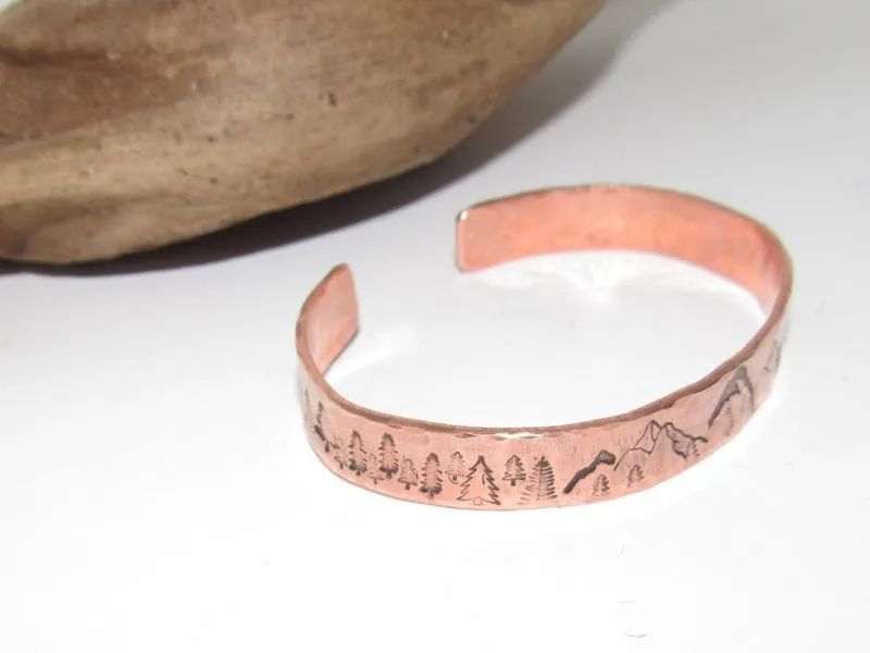 Mountain bracelet with trees, adjustable copper cuff, stamped jewelry, stamped copper bracelet,