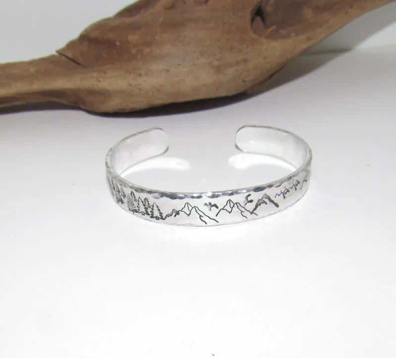 Mountain theme Personalized Adjustable stamped cuff bracelet, Mount lover bracelet, adjustable silver cuff, stamped jewelry, mountain ring