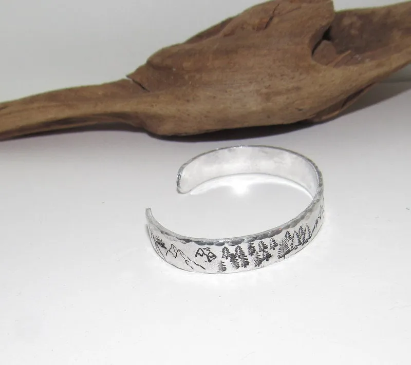Mountain theme Personalized Adjustable stamped cuff bracelet, Mount lover bracelet, adjustable silver cuff, stamped jewelry, mountain ring