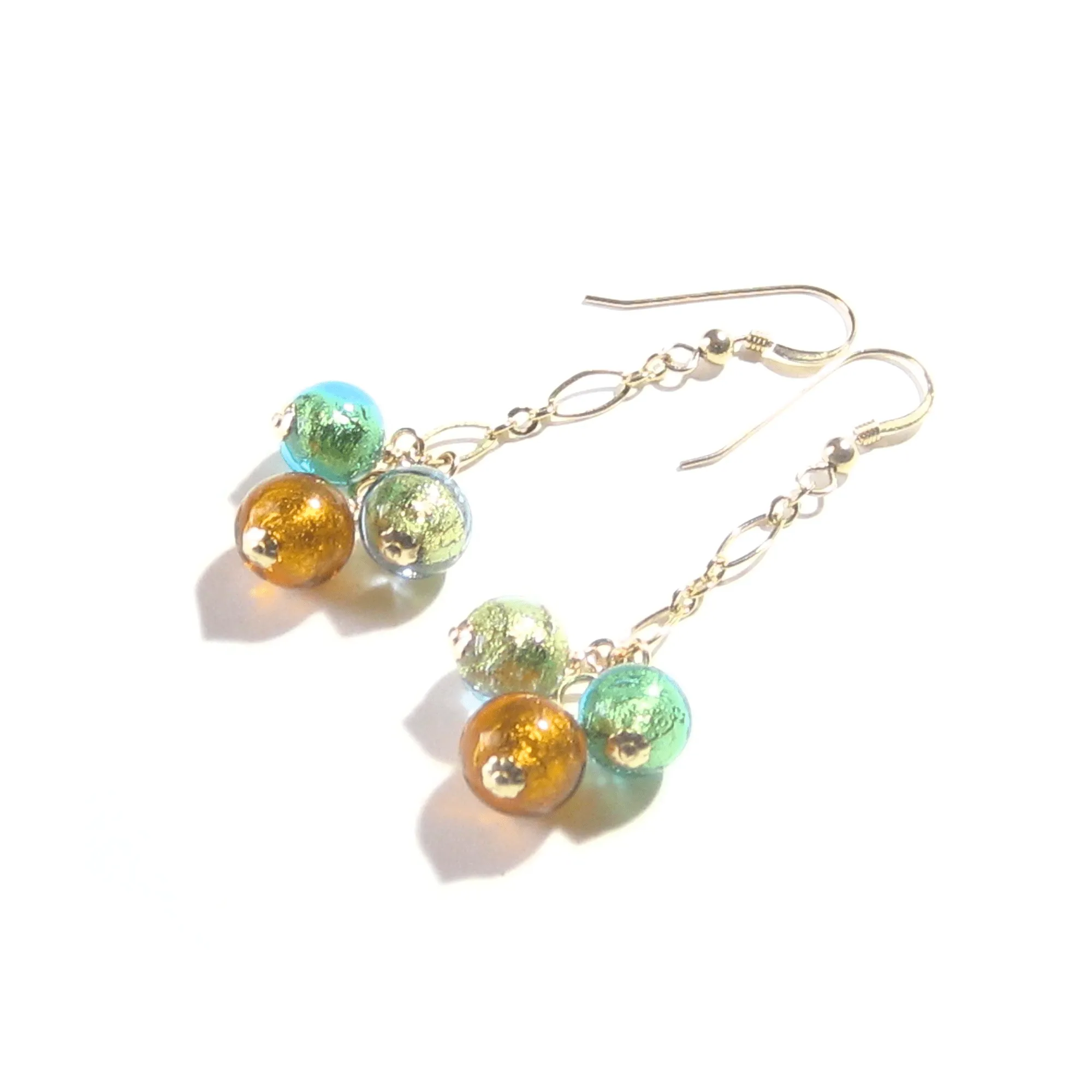 Murano Glass Green Topaz Ball Cluster Gold Earrings