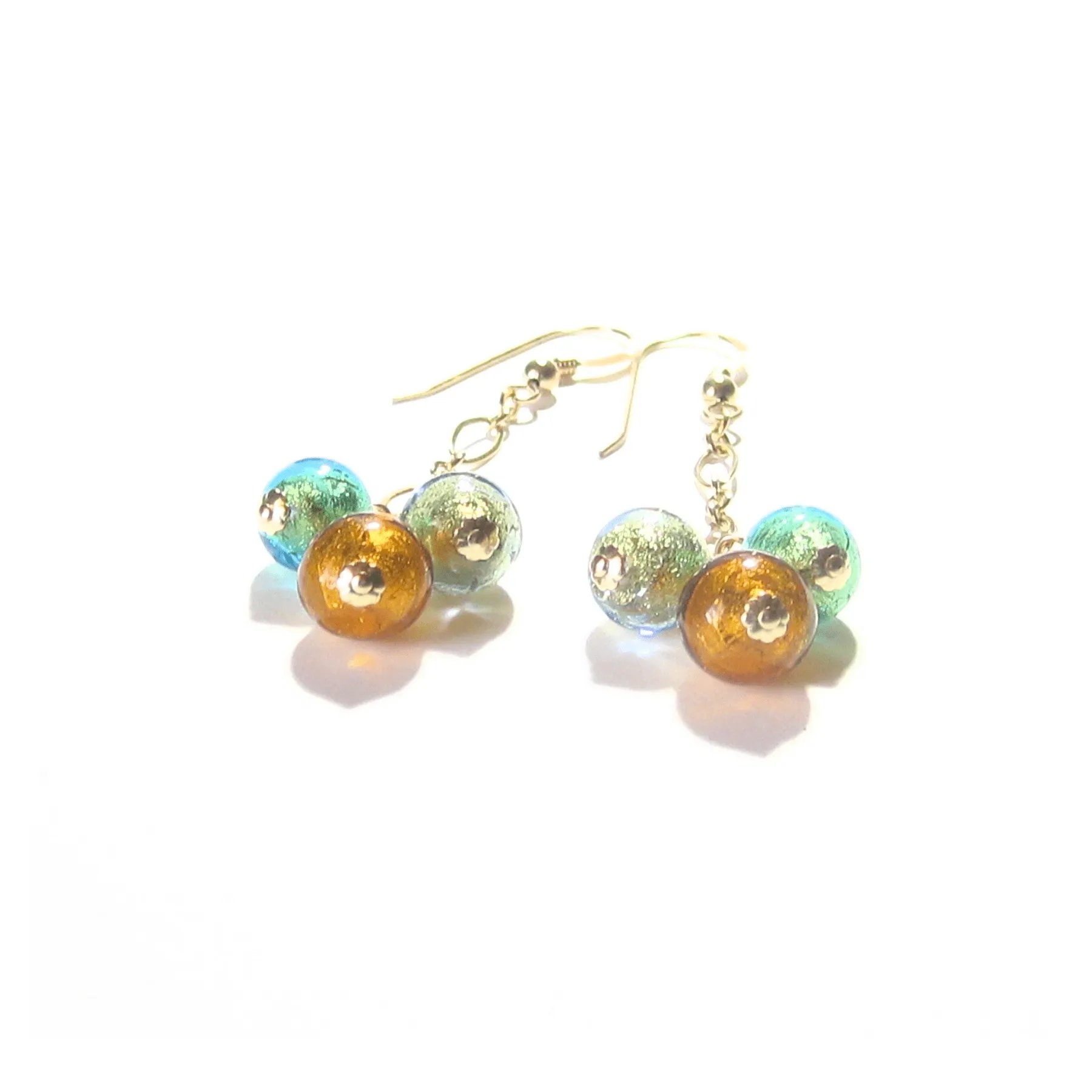 Murano Glass Green Topaz Ball Cluster Gold Earrings