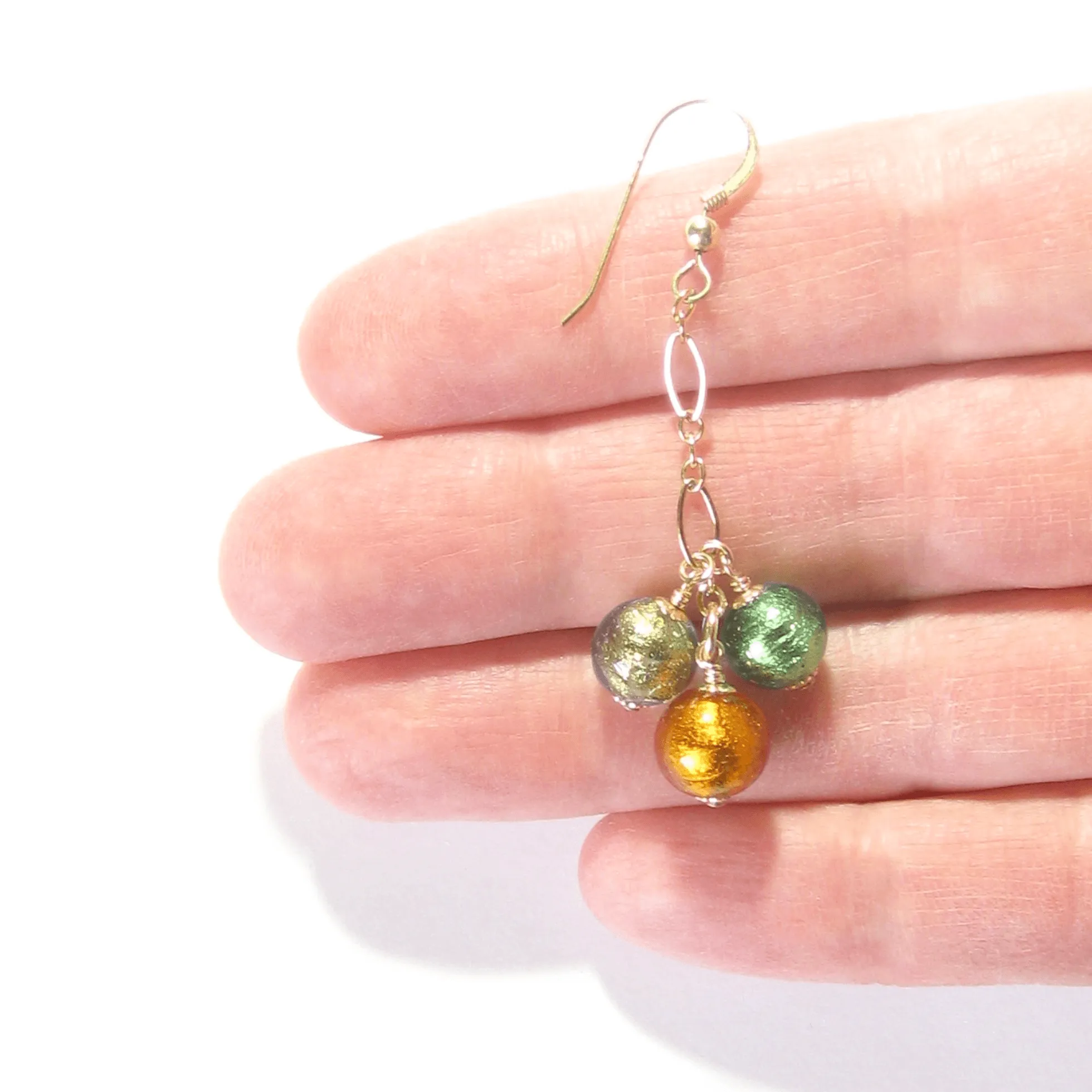 Murano Glass Green Topaz Ball Cluster Gold Earrings