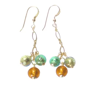 Murano Glass Green Topaz Ball Cluster Gold Earrings