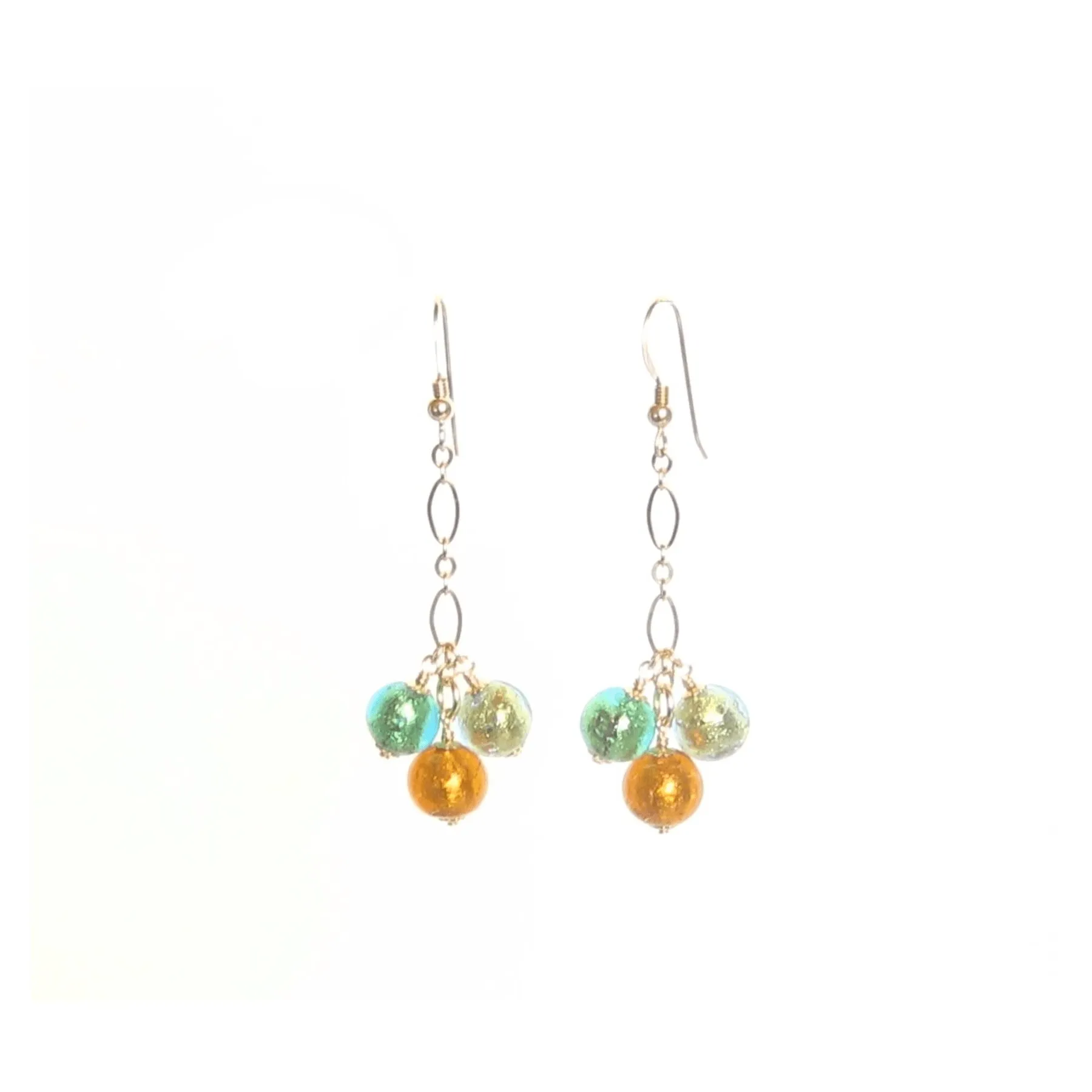 Murano Glass Green Topaz Ball Cluster Gold Earrings