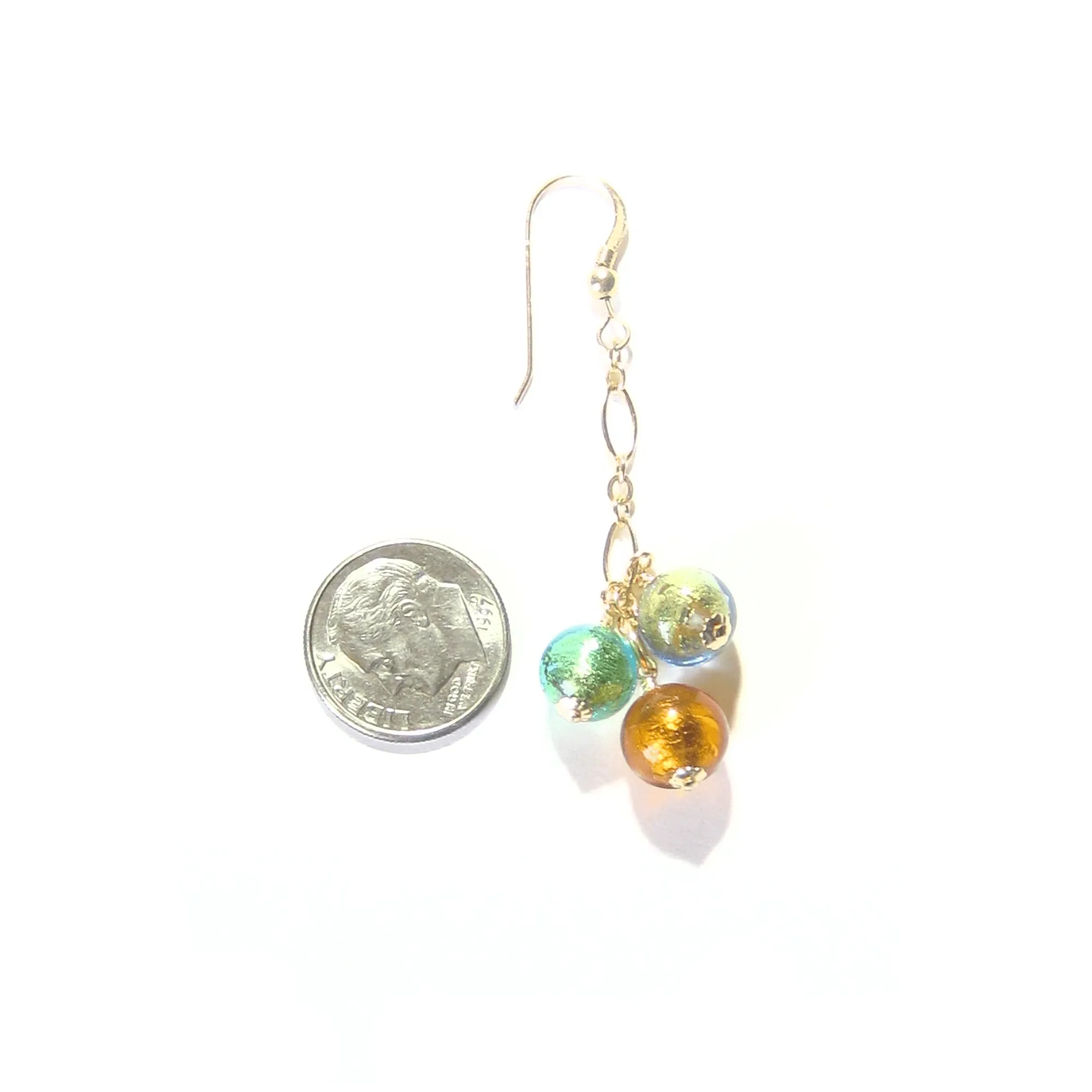Murano Glass Green Topaz Ball Cluster Gold Earrings