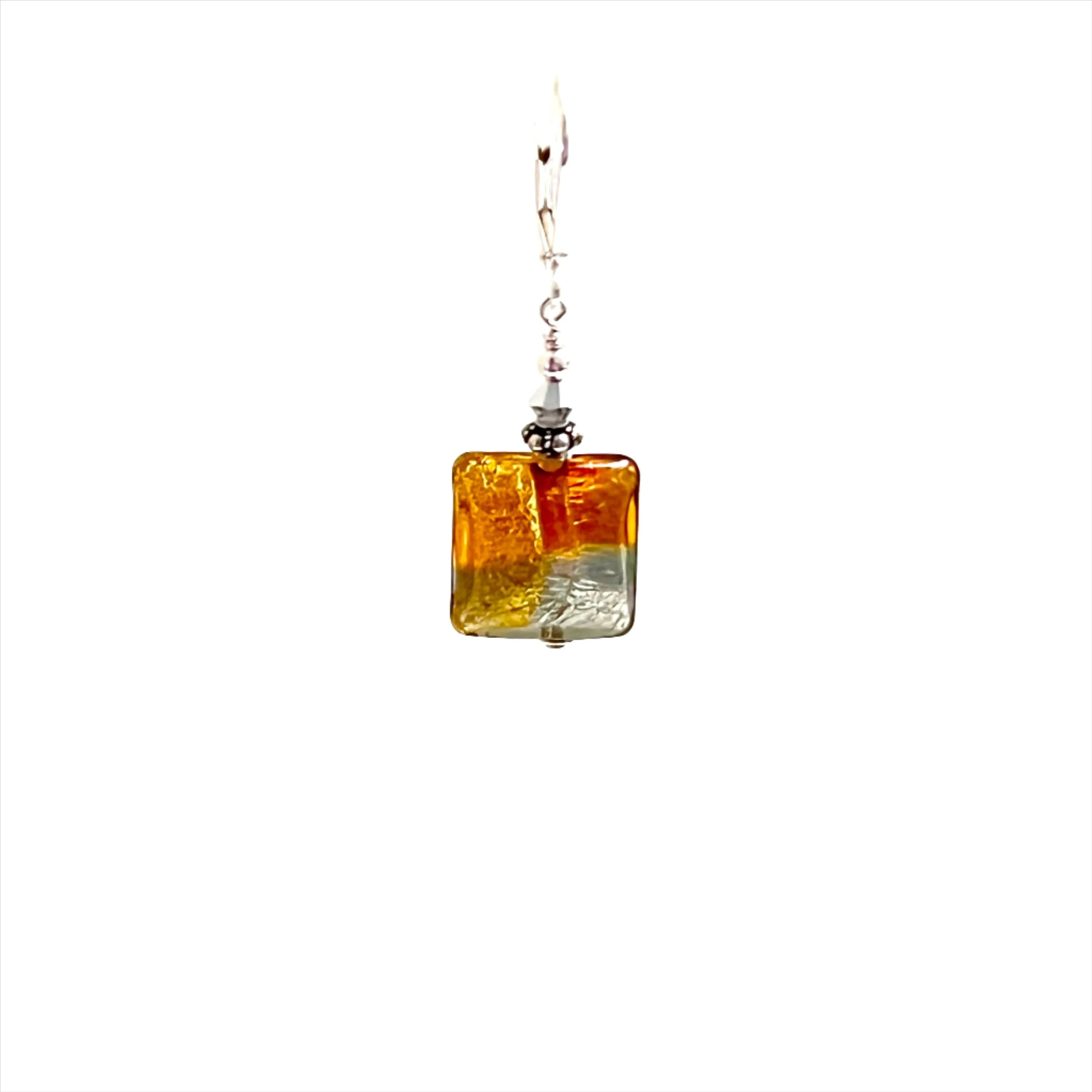 Murano Glass Pillow Square Topaz Gold Silver Earrings