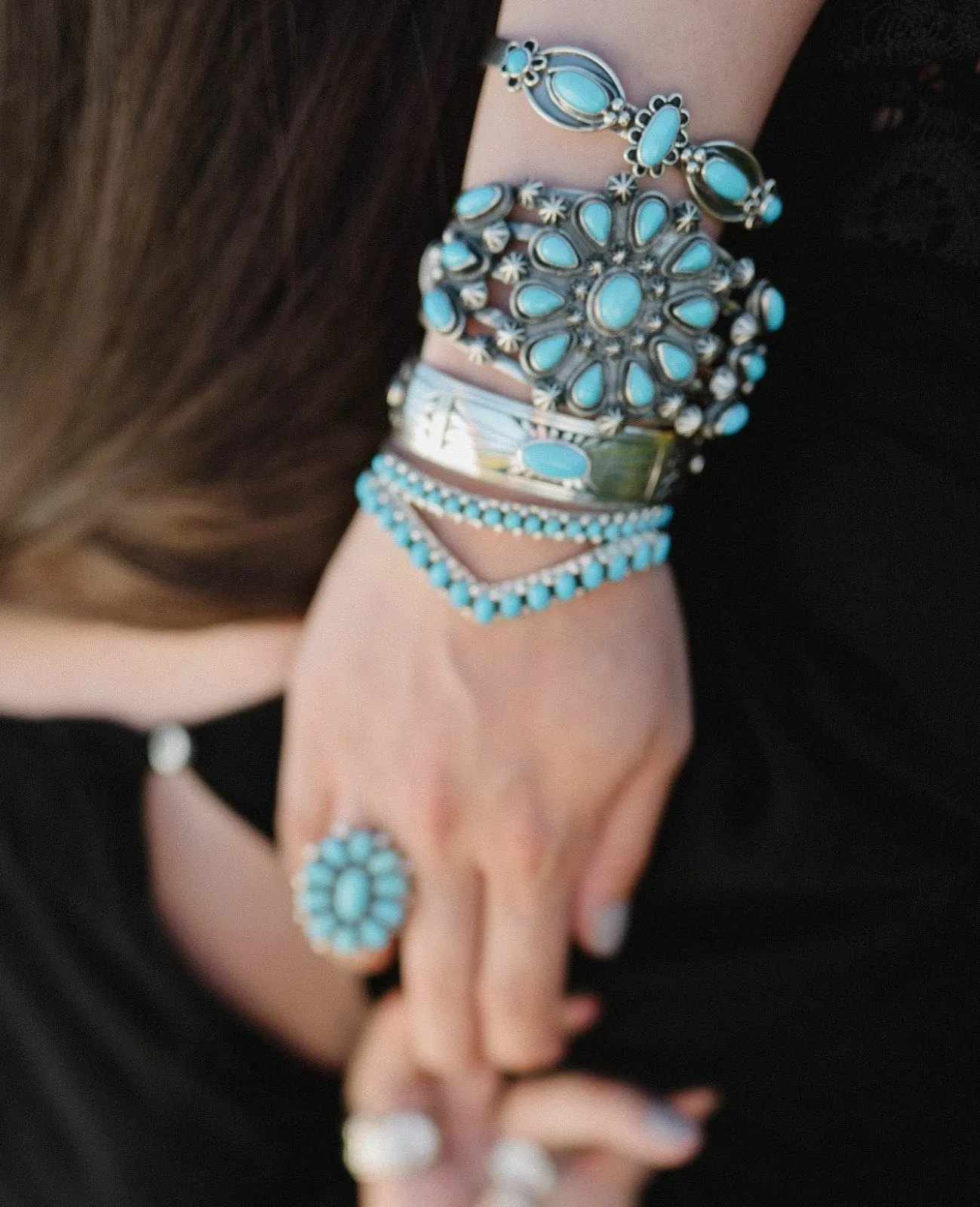 Native American Cluster Sleeping Beauty Cuff Bracelet Signed by Marita Benally