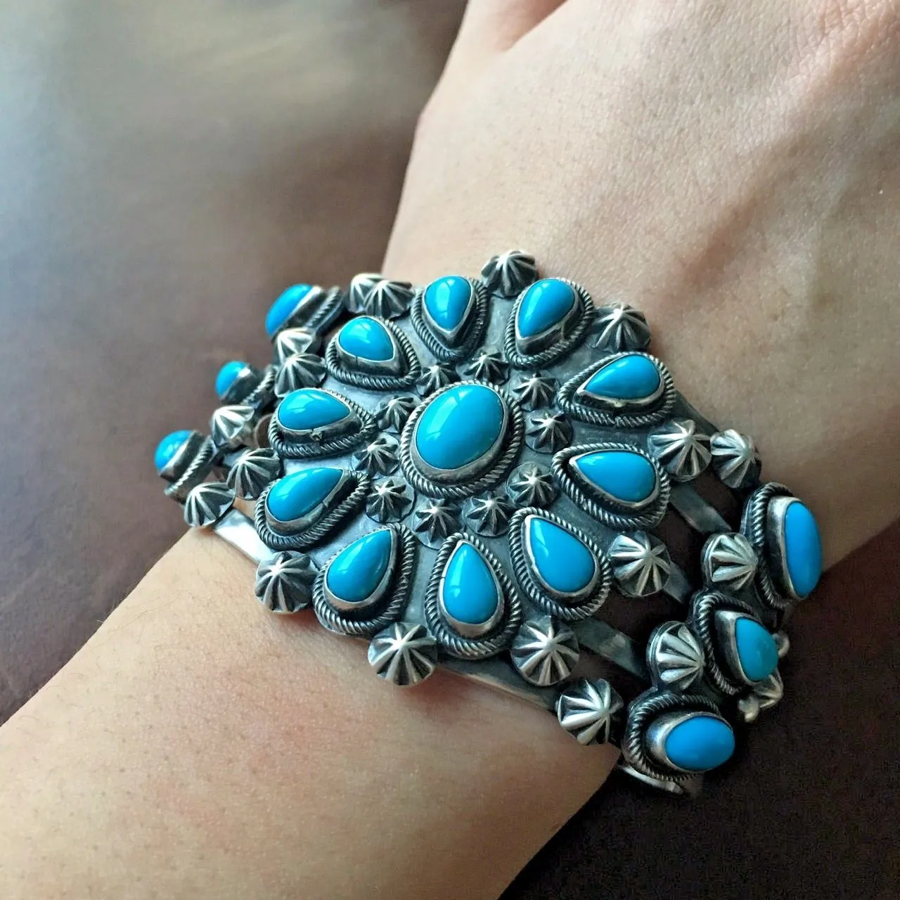 Native American Cluster Sleeping Beauty Cuff Bracelet Signed by Marita Benally