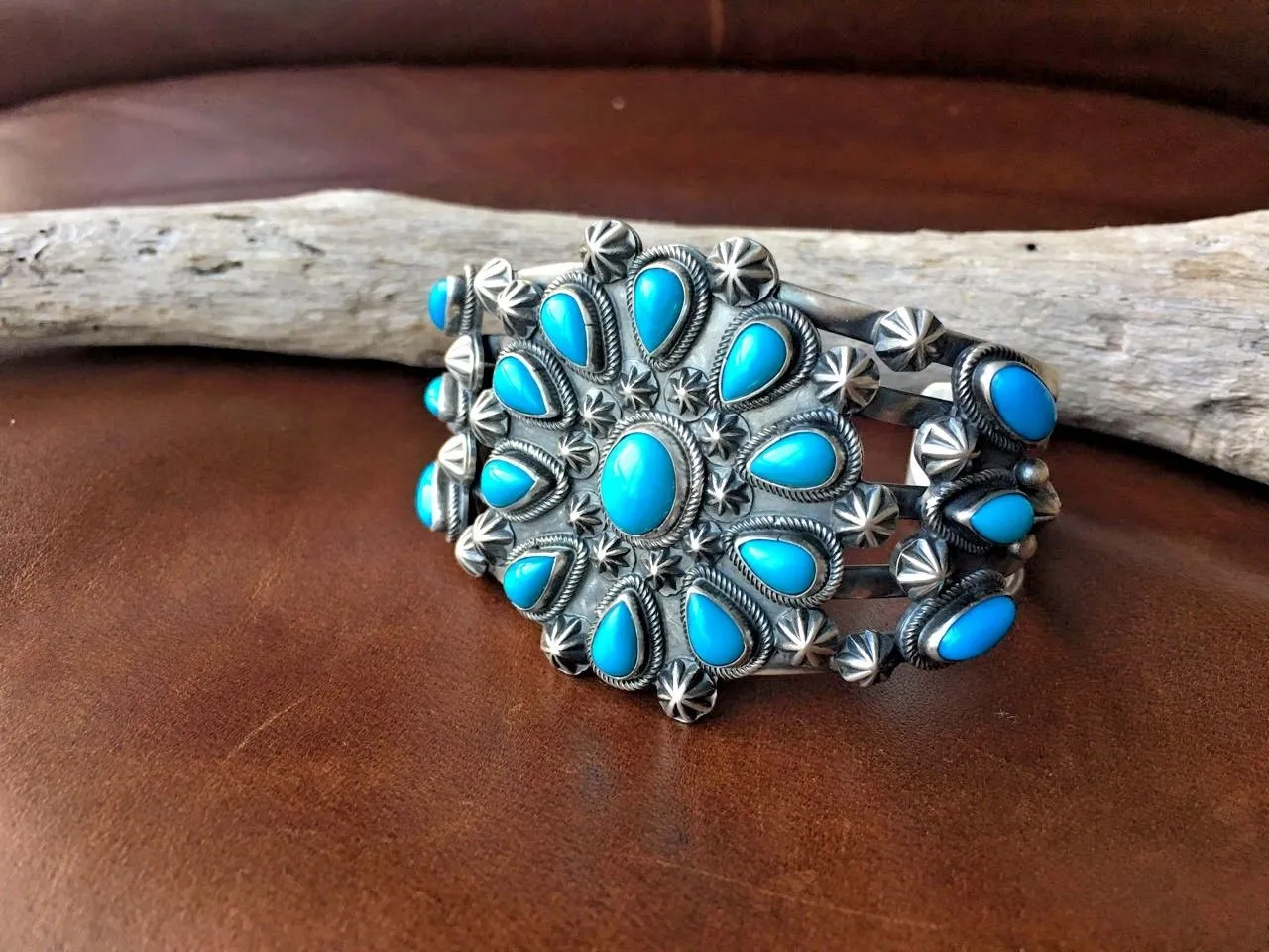 Native American Cluster Sleeping Beauty Cuff Bracelet Signed by Marita Benally