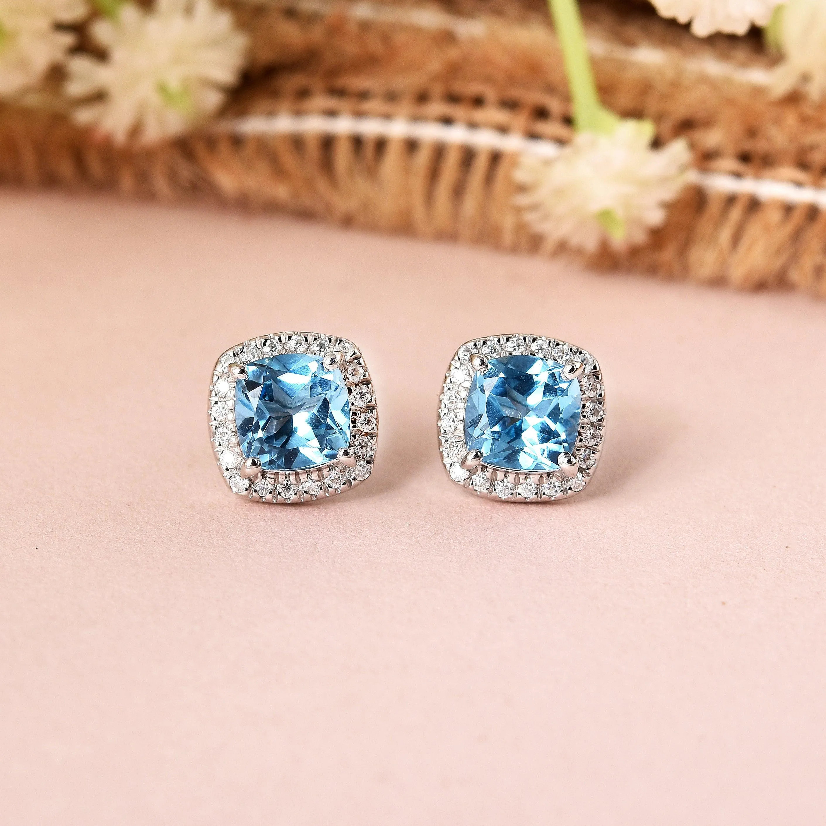 Natural Blue Topaz Cushion Stud Earrings