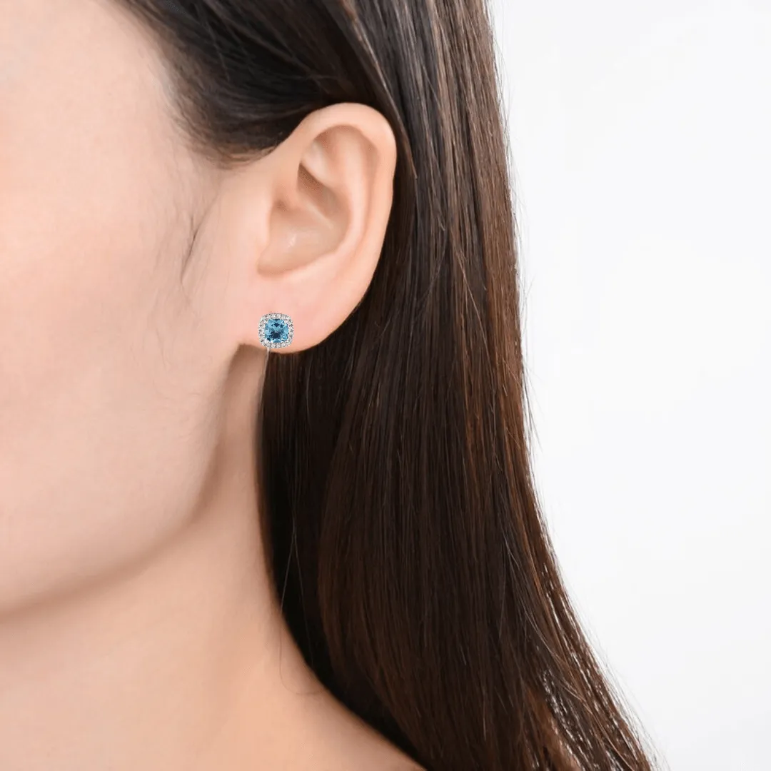 Natural Blue Topaz Cushion Stud Earrings