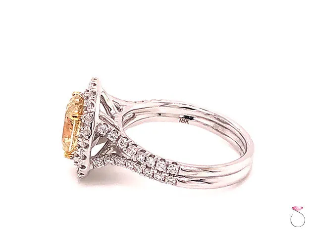 Natural Fancy Yellow Oval Diamond Halo Ring, 18K White Gold 2.34 CTW