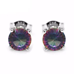 Natural Mystic Rainbow Topaz Earrings Stud For Girls Genuine Pure Solid 925 Sterling Silver Round Fashion