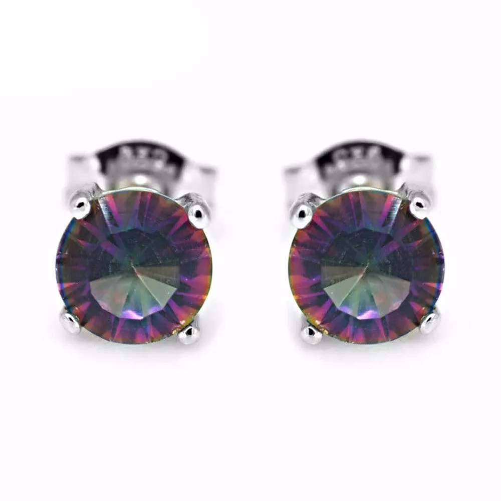 Natural Mystic Rainbow Topaz Earrings Stud For Girls Genuine Pure Solid 925 Sterling Silver Round Fashion
