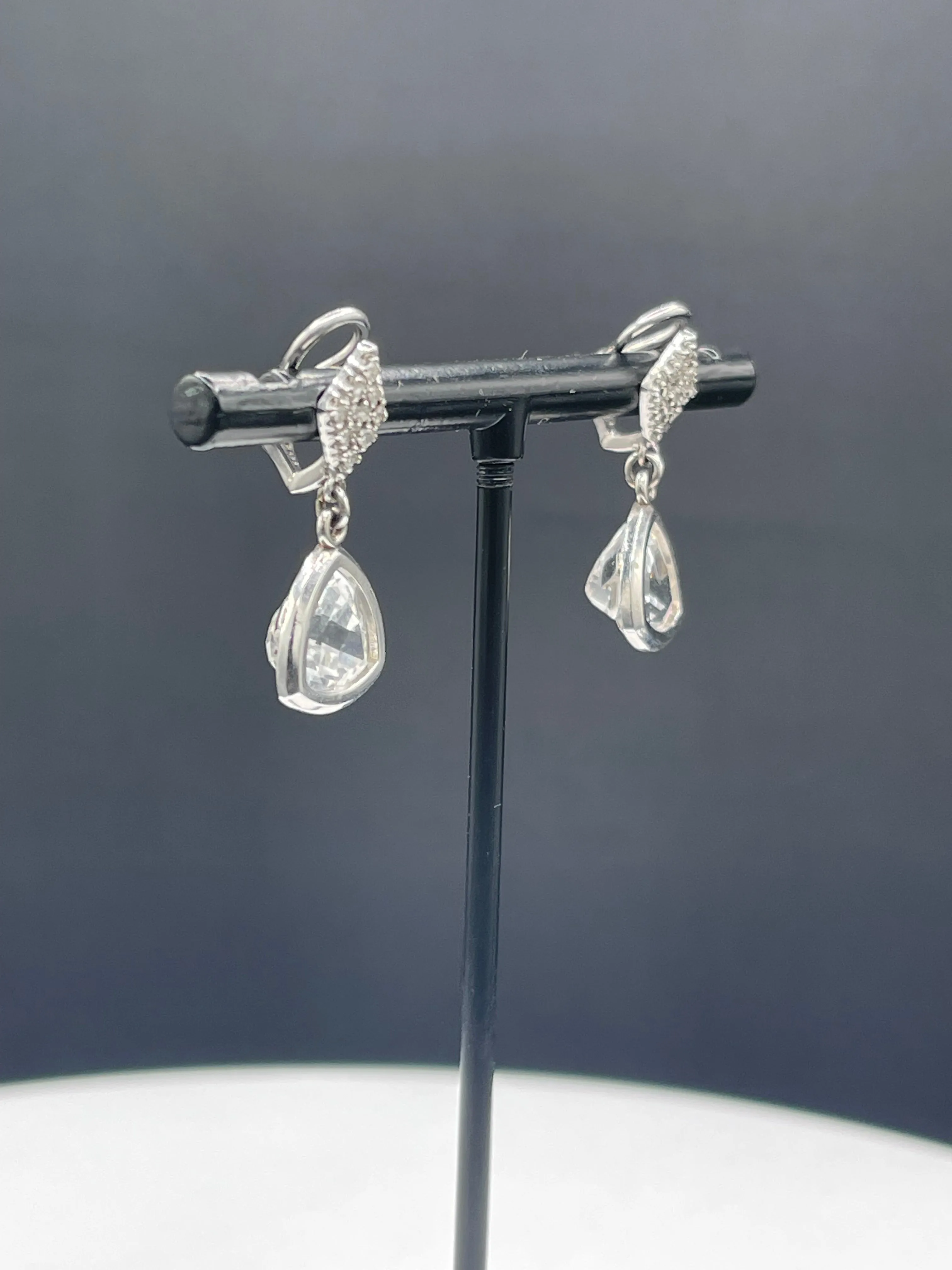 Natural White Topaz & Diamond 14k White Gold Omega Clip On Dangle Earrings