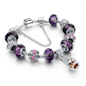 New Fashion 925 Silver Charm Bracelet For Women Royal Crown Bracelet Purple Crystal Beads Diy Jewelry