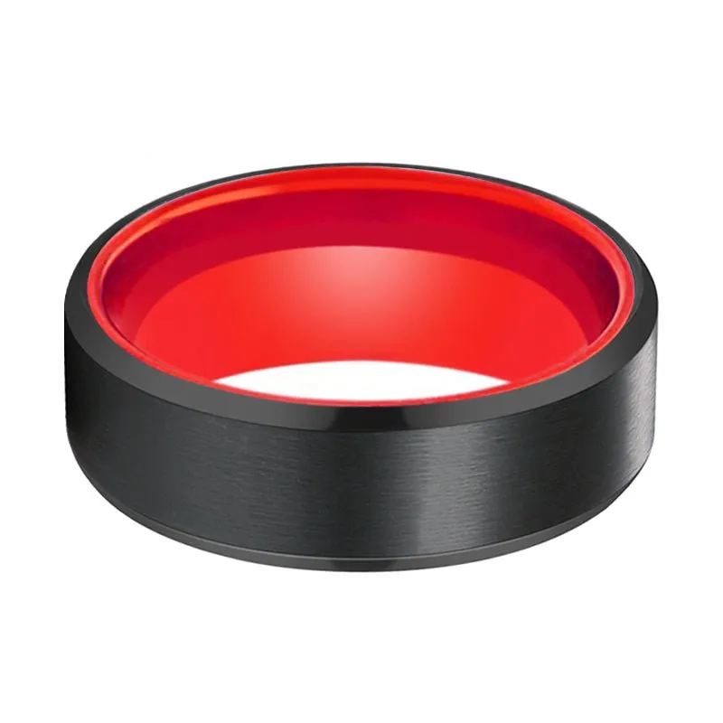 NEWT | Red Ring, Black Tungsten Ring, Brushed, Beveled