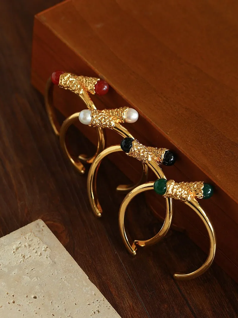Niche Metal Wind Lava Water Drop Agate Open Bangle Bracelet-Red Agate