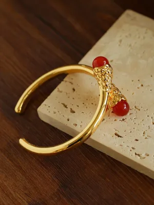 Niche Metal Wind Lava Water Drop Agate Open Bangle Bracelet-Red Agate