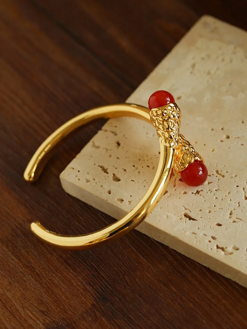 Niche Metal Wind Lava Water Drop Agate Open Bangle Bracelet-Red Agate