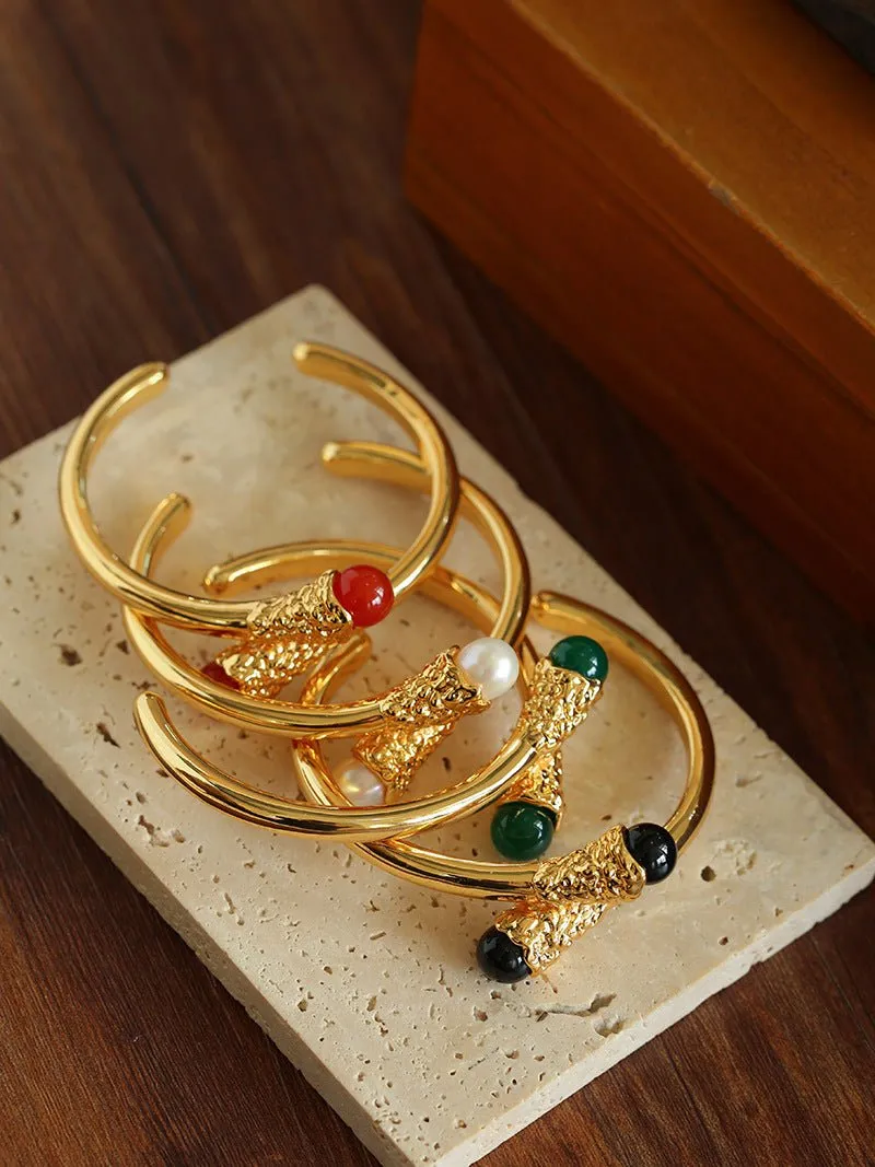 Niche Metal Wind Lava Water Drop Agate Open Bangle Bracelet-Red Agate