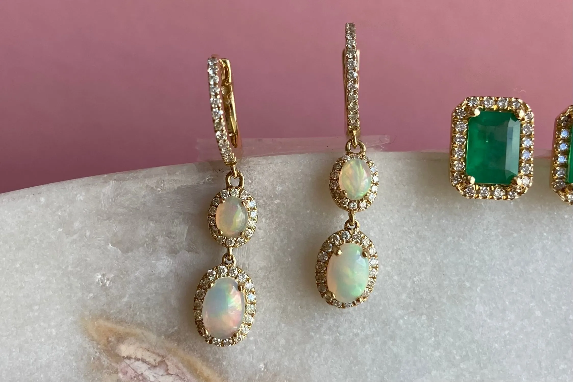Opal dangle earrings with diamonds