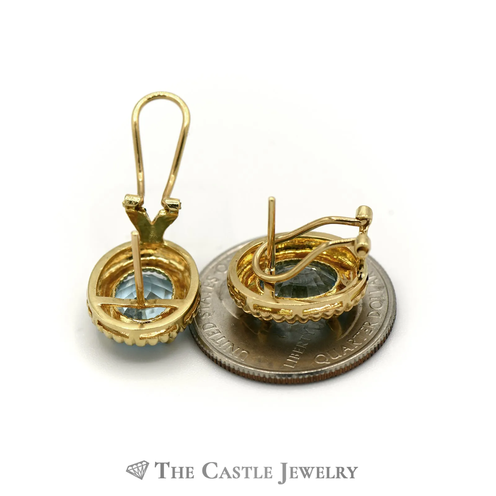 Oval Blue Topaz Earrings with Ribbed Gold Bezel in 14K Yellow Gold
